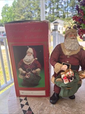 Vintage Burgundy Fabric Mache Santa Figurine